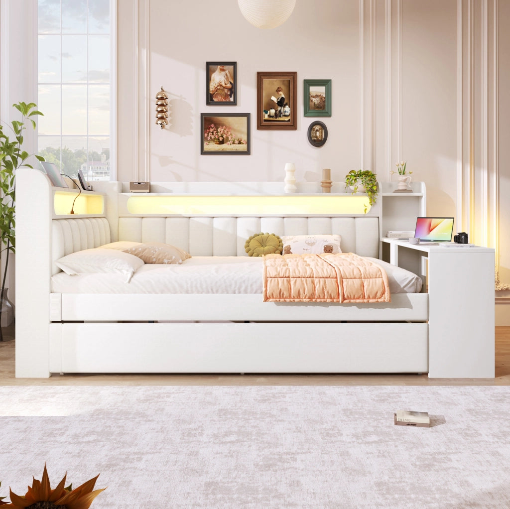 Letto imbottito 140x200 cm con LED, USB, letto estraibile e scrittoio