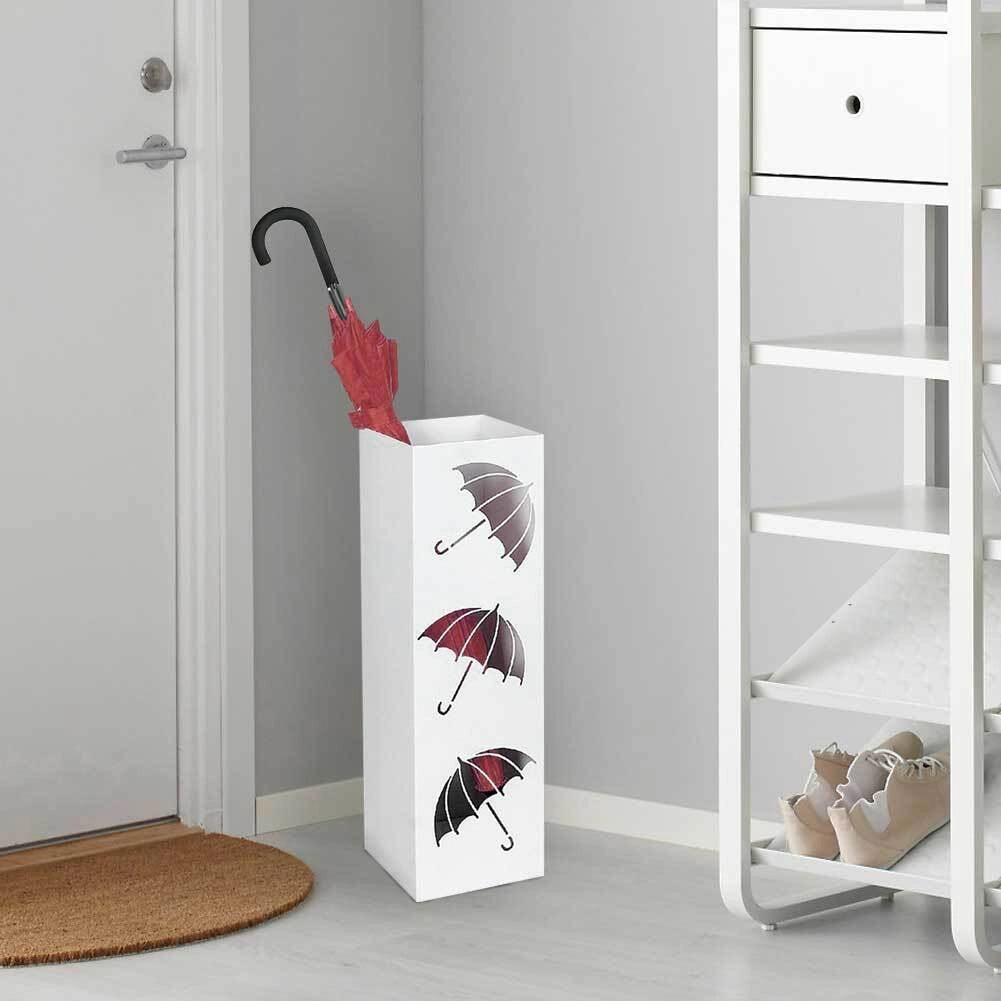 Portaombrelli Ferro Design Quadrato Stand Bianco Vaschetta Salvagoccia