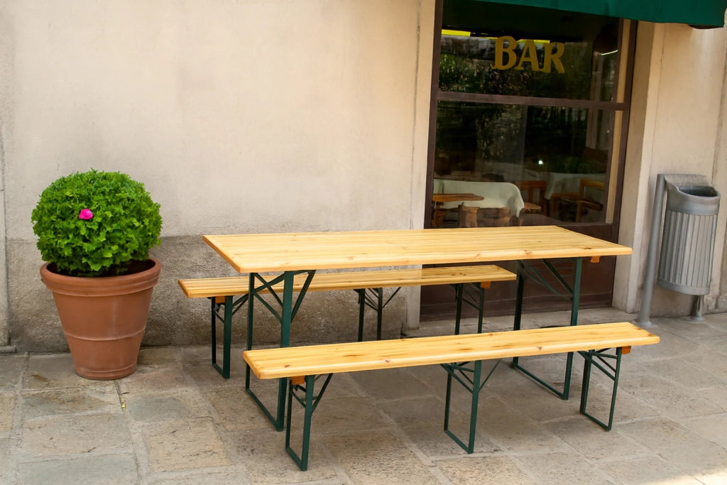 Set birreria Boro da esterno, set tavolo e 2 panche da giardino (200x70x75 cm), legno di abete, struttura robusta