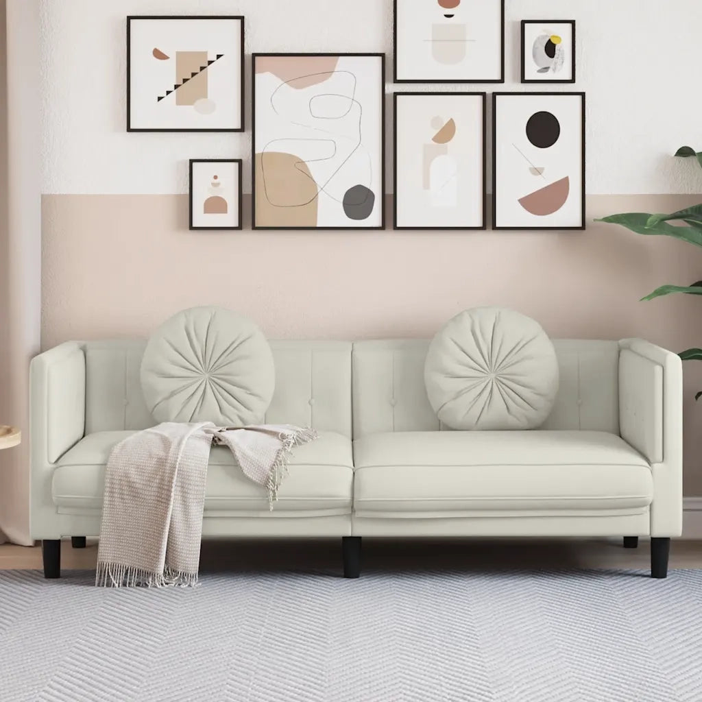 Divano a 3 Posti con Cuscini-Sofa 3 Posti con Cuscini Crema in Velluto