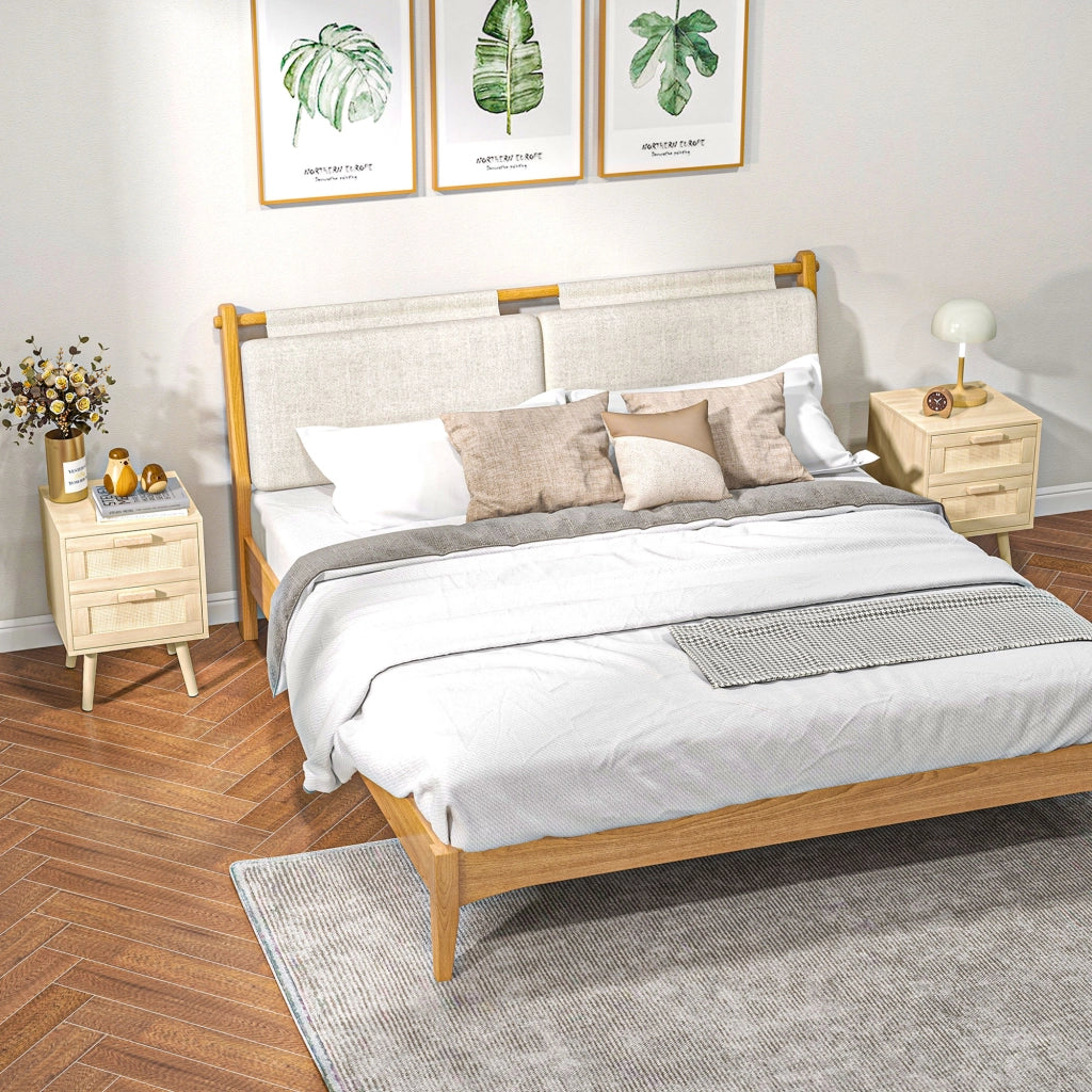 Set 2 Comodini per Camera da Letto Stile Boho con 2 Cassetti. 40x40x56cm. Legno Naturale