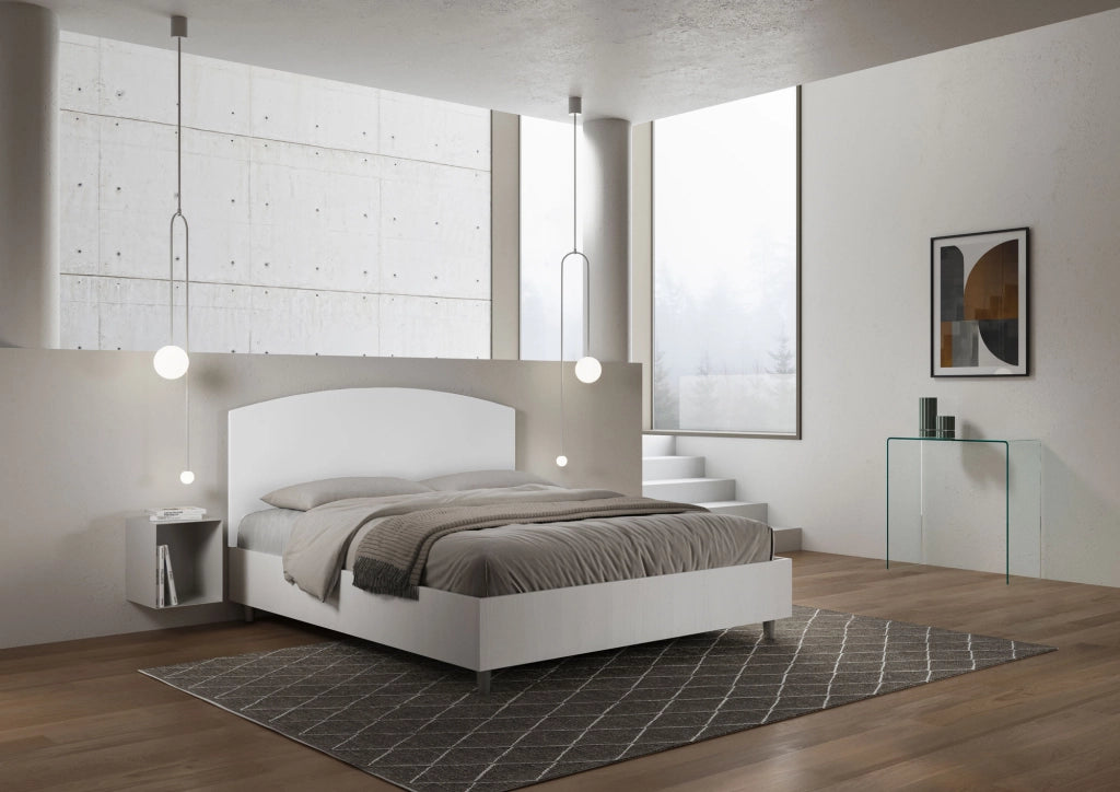 Letto Matrimoniale 160x200 cm con Rete e Contenitore Alzata Comoda Struttura Bianco Frassico e Testata in Similpelle