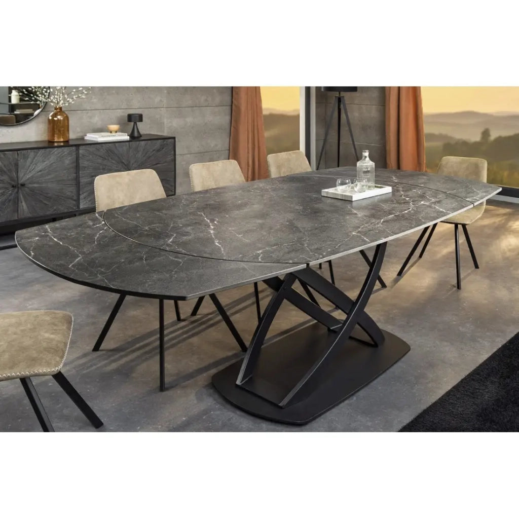 Table ATONIA – Ovale extensible 130 à 190 cm – Plateau en céramique effet marbre anthracite – Piedi in metallo – Stile moderno