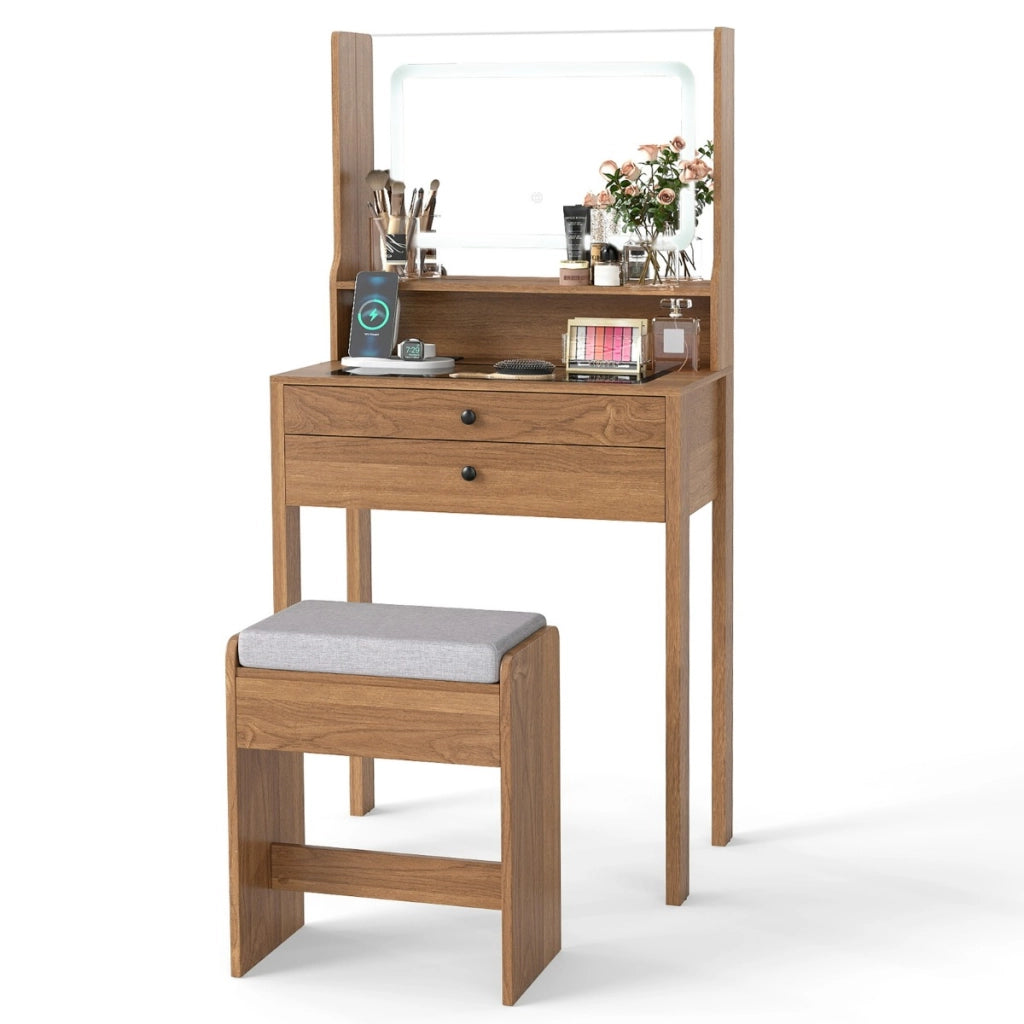 Piccolo tavolo da trucco con 3 modalit¨¤ di illuminazione e sgabello imbottito, Toeletta con specchio e luci Legno naturale-Tavoli da trucco