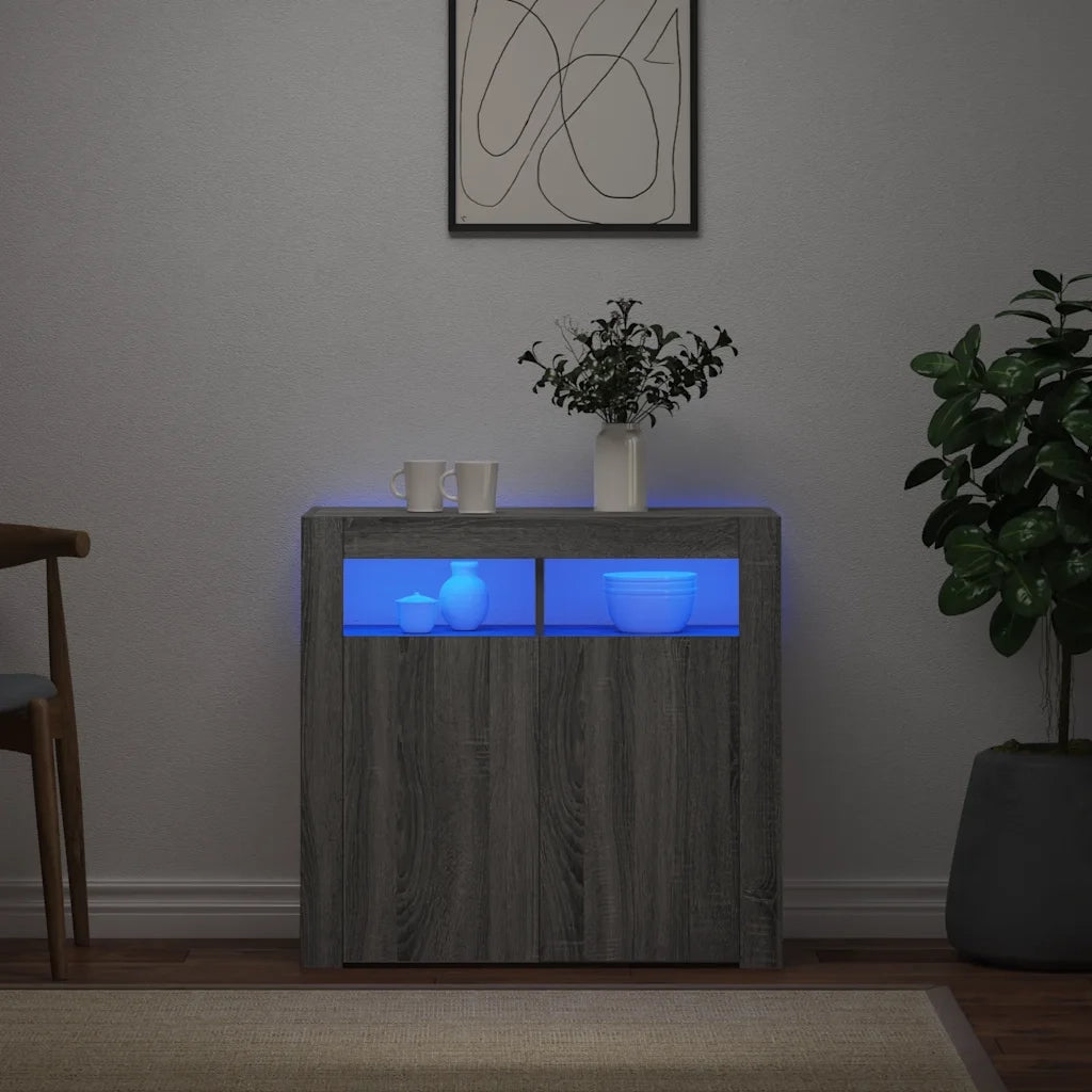 Credenza con Luci LED-Buffet-Armadio da cucina Grigio Sonoma 80x35x75 cm