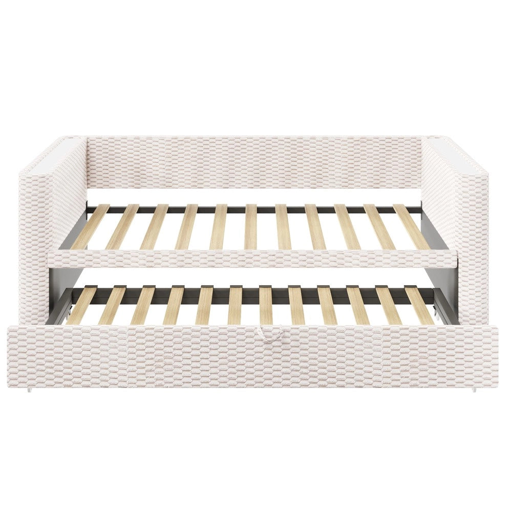 Letto di Giorno Estraibile con LED ¨C MINIMAL ¨C Velluto Beige, 90x200 / 180x200, Rete a Doghe