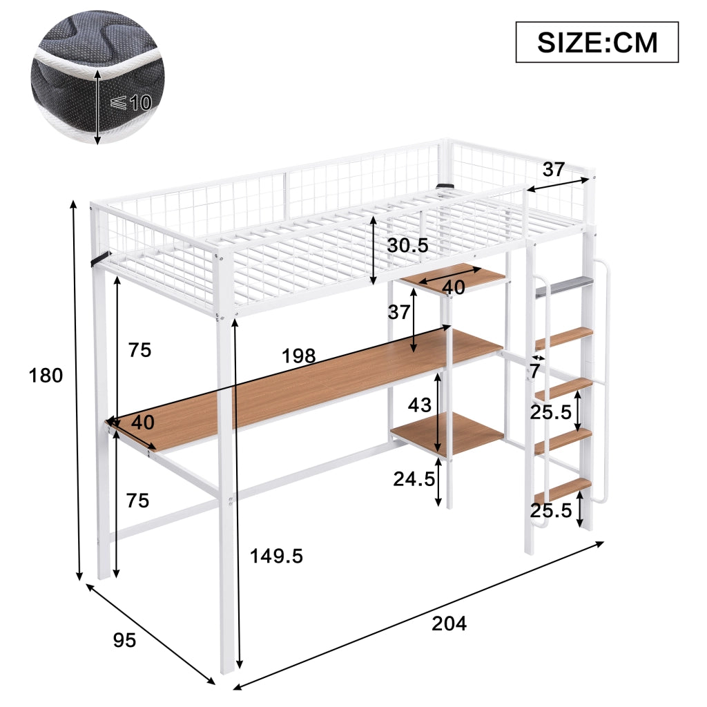 DESMIU Letto a Soppalco 1 Posto con Scrivania, Scaffali e Scala 90 × 200 cm, Senza Materasso, Metallo e Legno, Bianco Naturale