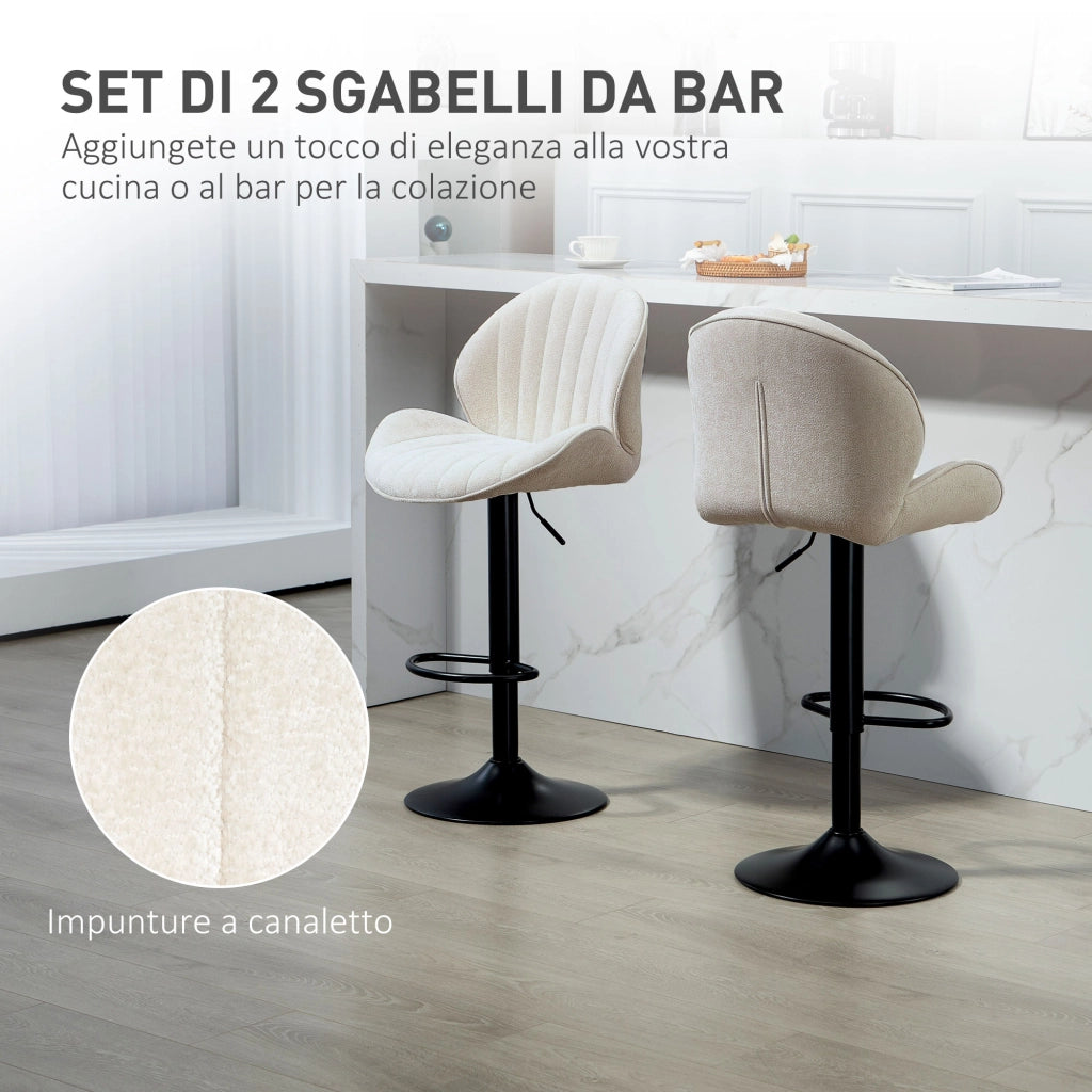 Set 2 Sgabelli da Bar con Schienale a Conchiglia 48x50x94-115 cm in Tessuto Effetto Ciniglia Nero e Beige