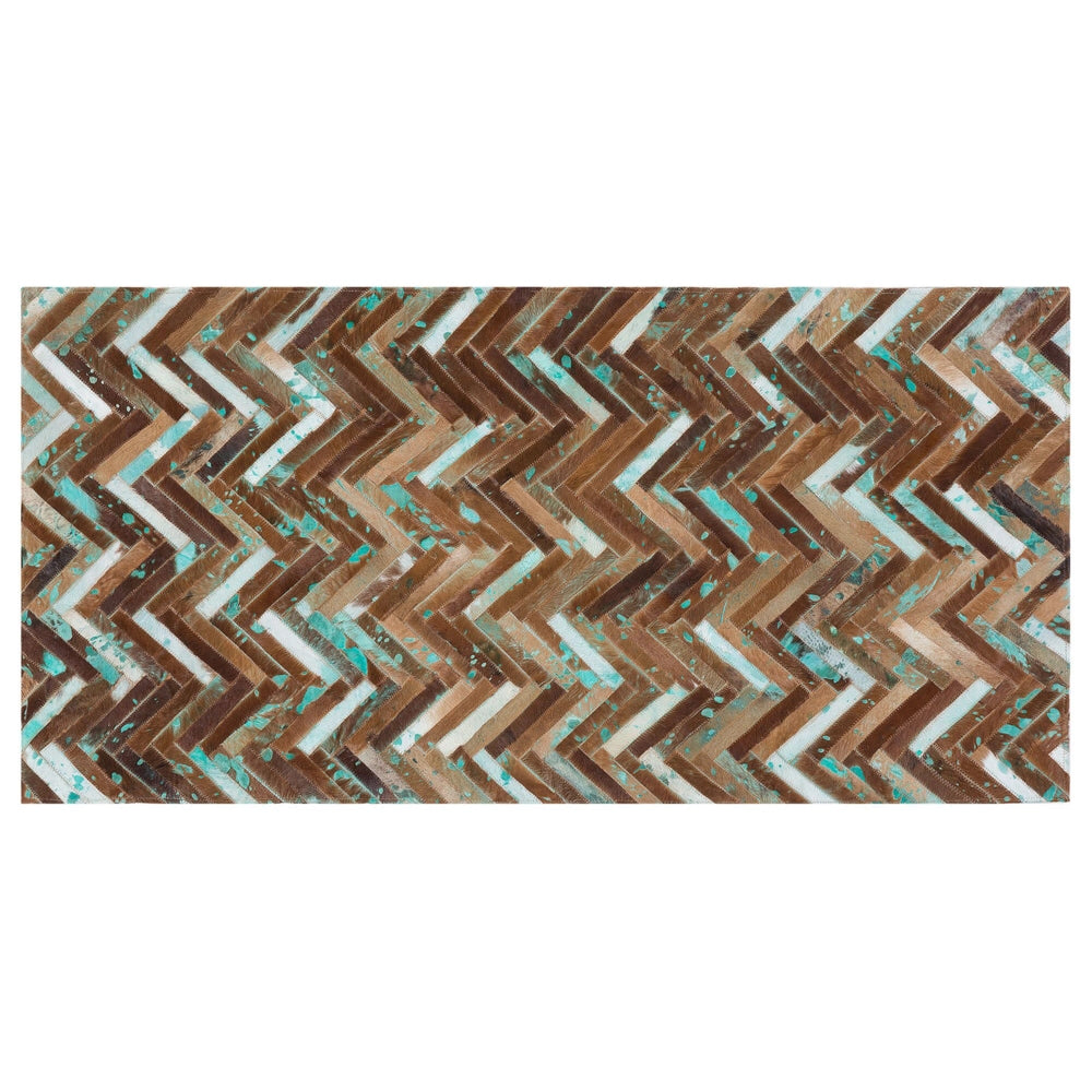 Tappeto marrone beige blu patchwork 80 x 150 cm in Pelle Bovina Artigianale soggiorno camera da letto