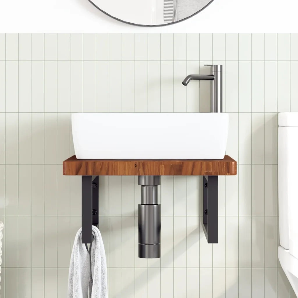 Ripiano a Parete per Lavabo-Mensole a Muro in Acciaio e Massello di Rovere 731873