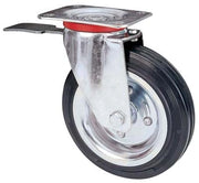 RUOTA A FORCELLA GIREVOLE + FERMO 80BIS AVO  A/ZINCR/GOMMA NERA D.MM 160X40 P.MM 140X110