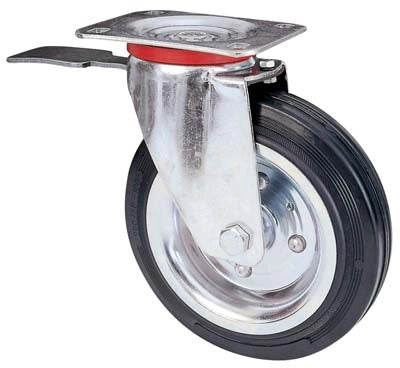 RUOTA A FORCELLA GIREVOLE + FERMO 80BIS AVO  A/ZINCR/GOMMA NERA D.MM 160X40 P.MM 140X110