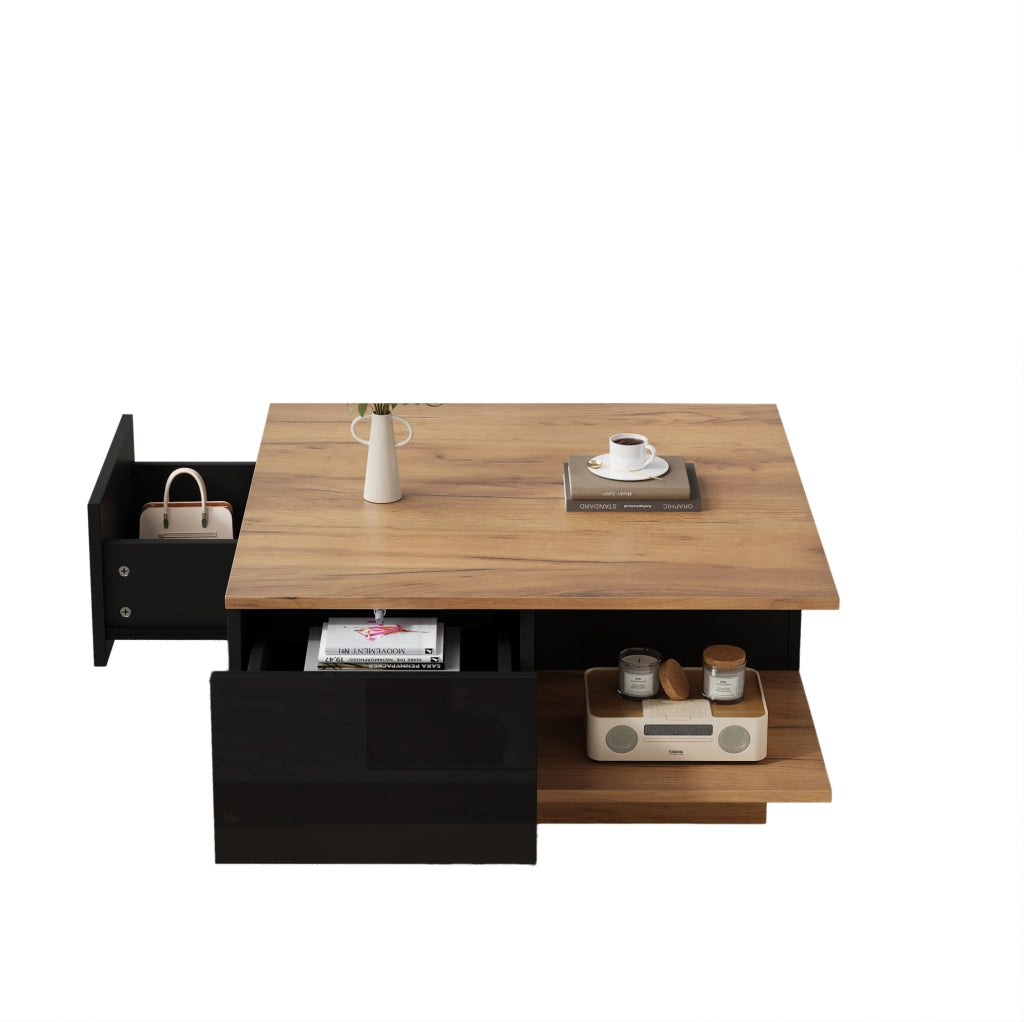 Tavolino da caffè 70x70x31;5 cm con 3 cassetti e vano aperto in truciolare nero e naturale