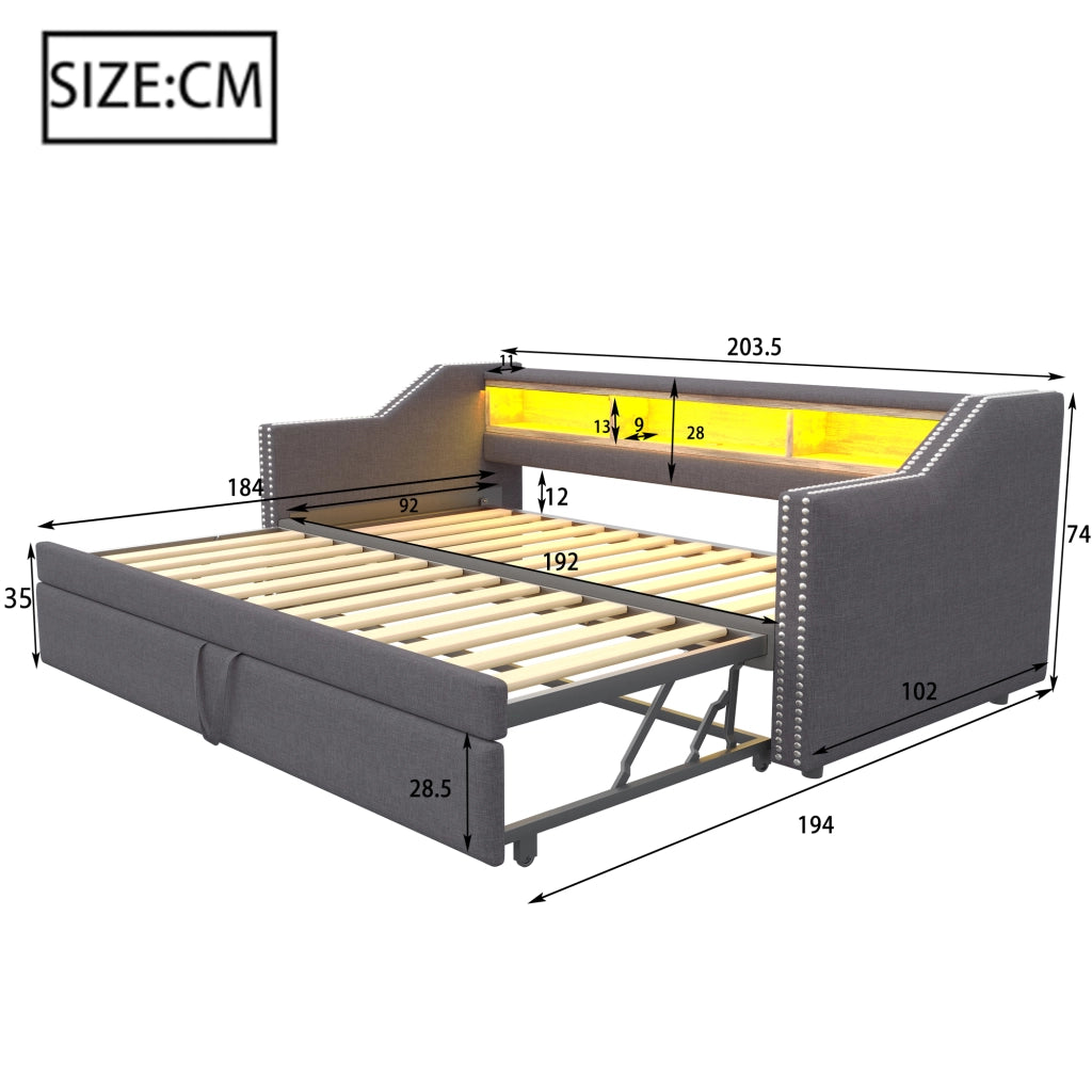 DIVANO LETTO Estraibile 90/180 x 190 cm Grigio Scuro con USB e LED
