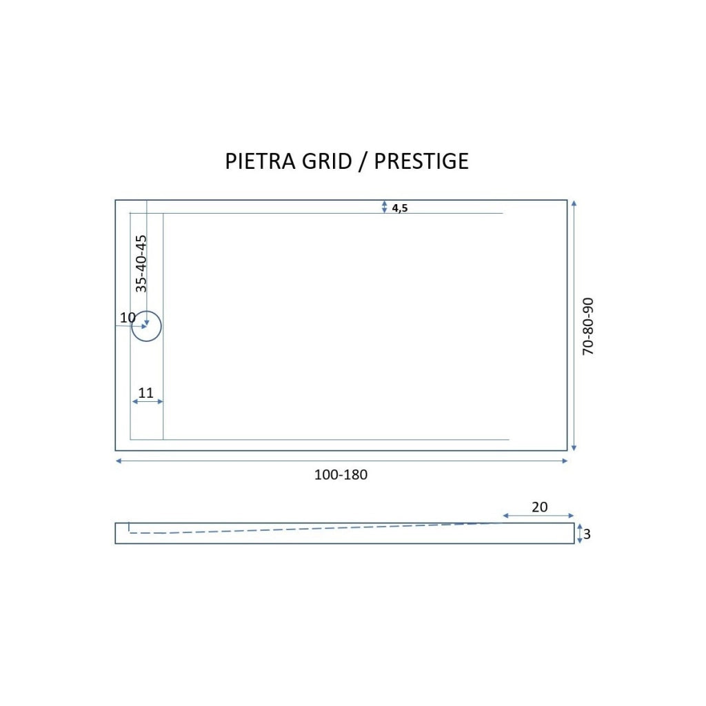 Piatto doccia in marmo resina bianco pietra cemento grid, misura 80x150