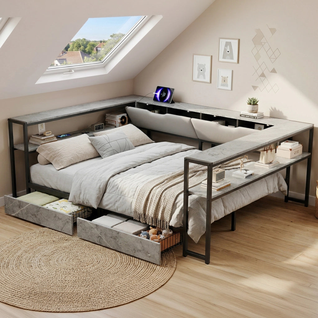 Letto con Cassetti 90x200 cm e 140x200 cm; USB e Type-C; in MDF e Metallo; Grigio