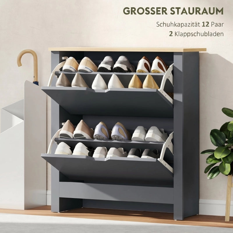 Scarpiera con 2 ante a ribalta e ripiano superiore, sistema antiribaltamento, legno grigio scuro 72 × 26 × 80 cm