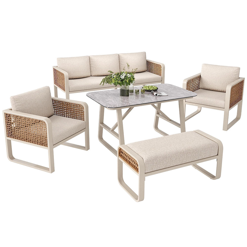 Set da giardino per 6-7 persone - Xylo - Tavolo e divano con cuscini lavabili, beige