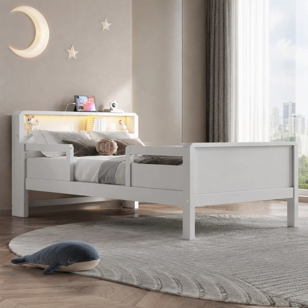 Letto singolo multifunzione 90x200 cm in legno bianco con LED; presa USB e USB-C; testiera con ripiano