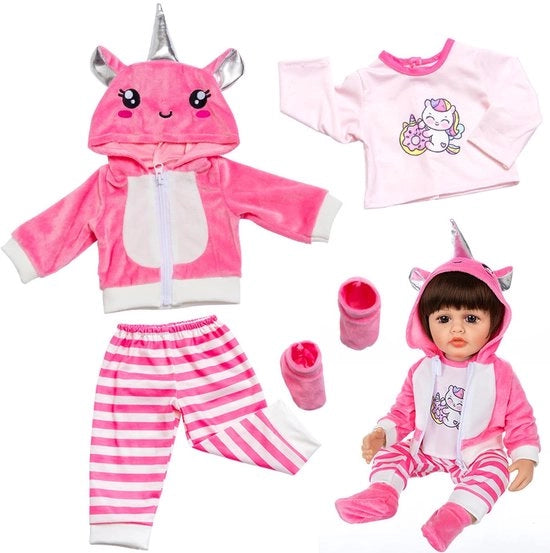 Abbigliamento per bambole 4 pezzi - Set di abiti 45-55 cm - Camicia rosa con cappuccio - Maglietta cavallo - Pantaloni a strisce - Tela di cotone sicura per bambole
