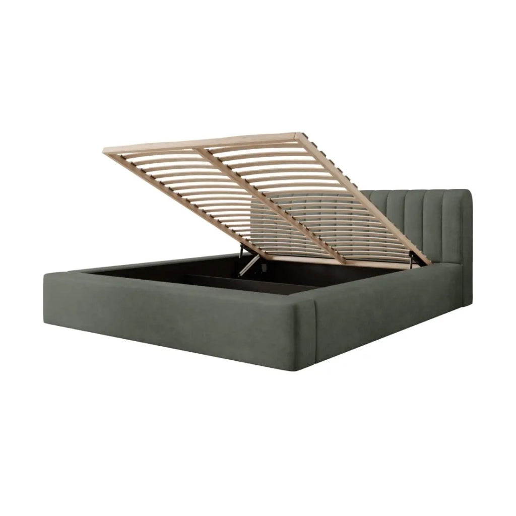 Letto contenitore CERVIN – Velluto morbido Salvia Notturna – 140x200 cm – Rete sollevabile – Design elegante