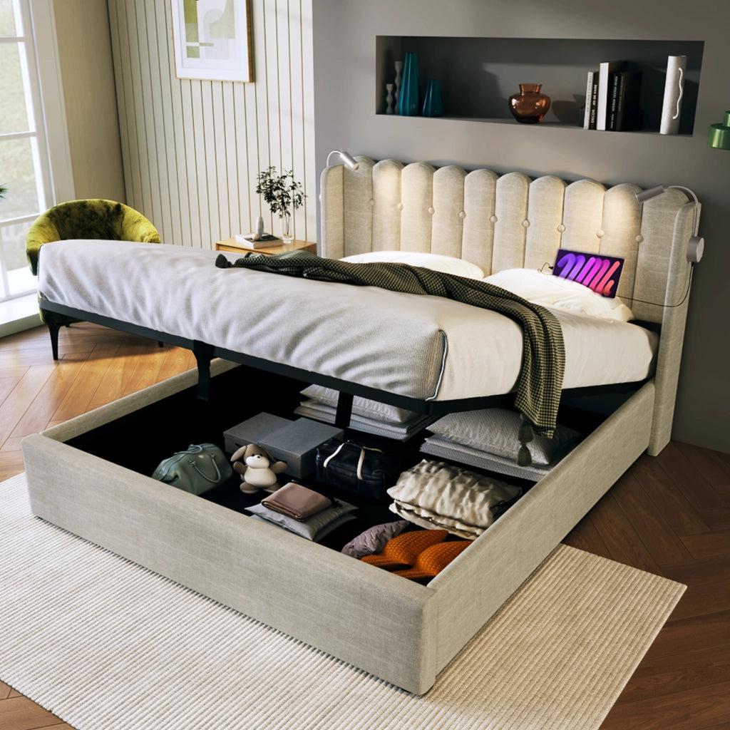 LETTO Contenitore 140x200 cm in lino beige con materasso incluso, luce da lettura e USB