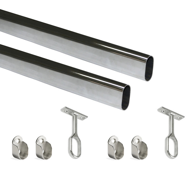 Lotto di 2 tubi appendiabiti ovali 30x15mm per armadi lunghezza 1,15m con reggitubi, Acciaio e Zama, Cromato lucido