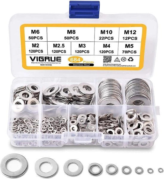 Slit ringhe - 684 pezzi di anello di chiusura 9 misure A2-70 acciaio inossidabile piano e anelli a borchia set (M2 M2.5 M3 M4 M5 M6 M8 M10 M12)