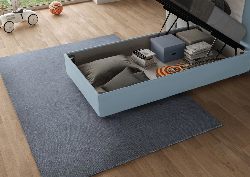 BS COM Letto singolo contenitore imbottito 80x190 microfibra azzurro