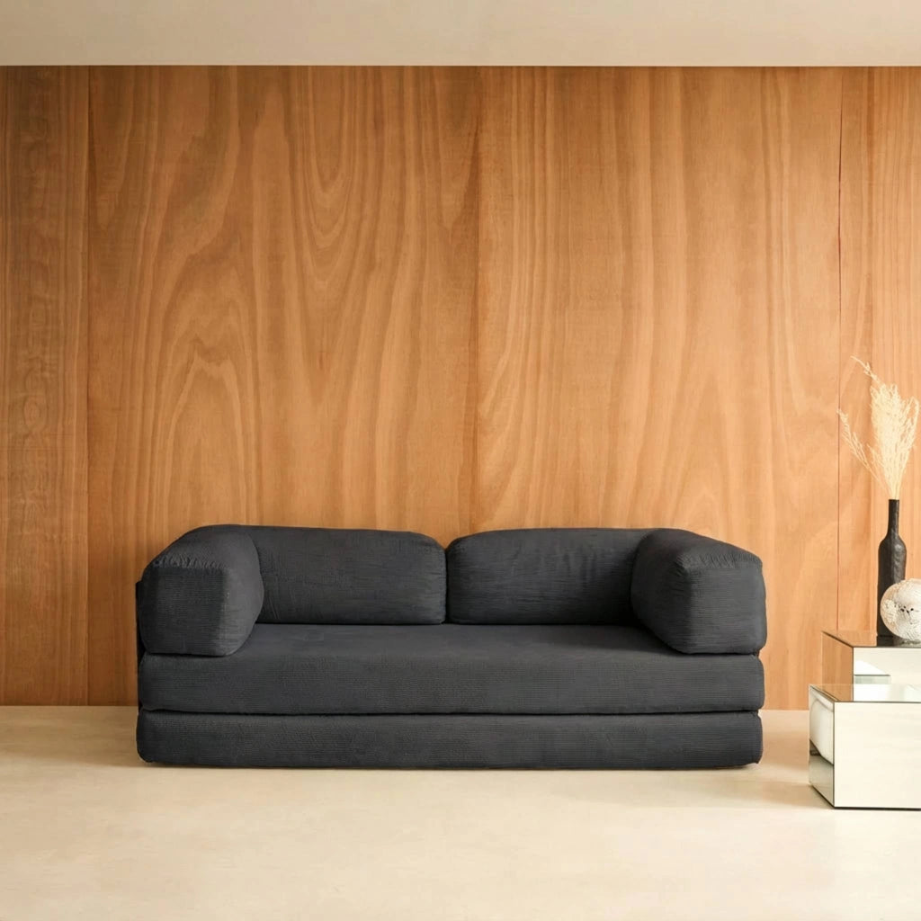 Divano letto futon in velluto a coste e struttura cromata, antracite