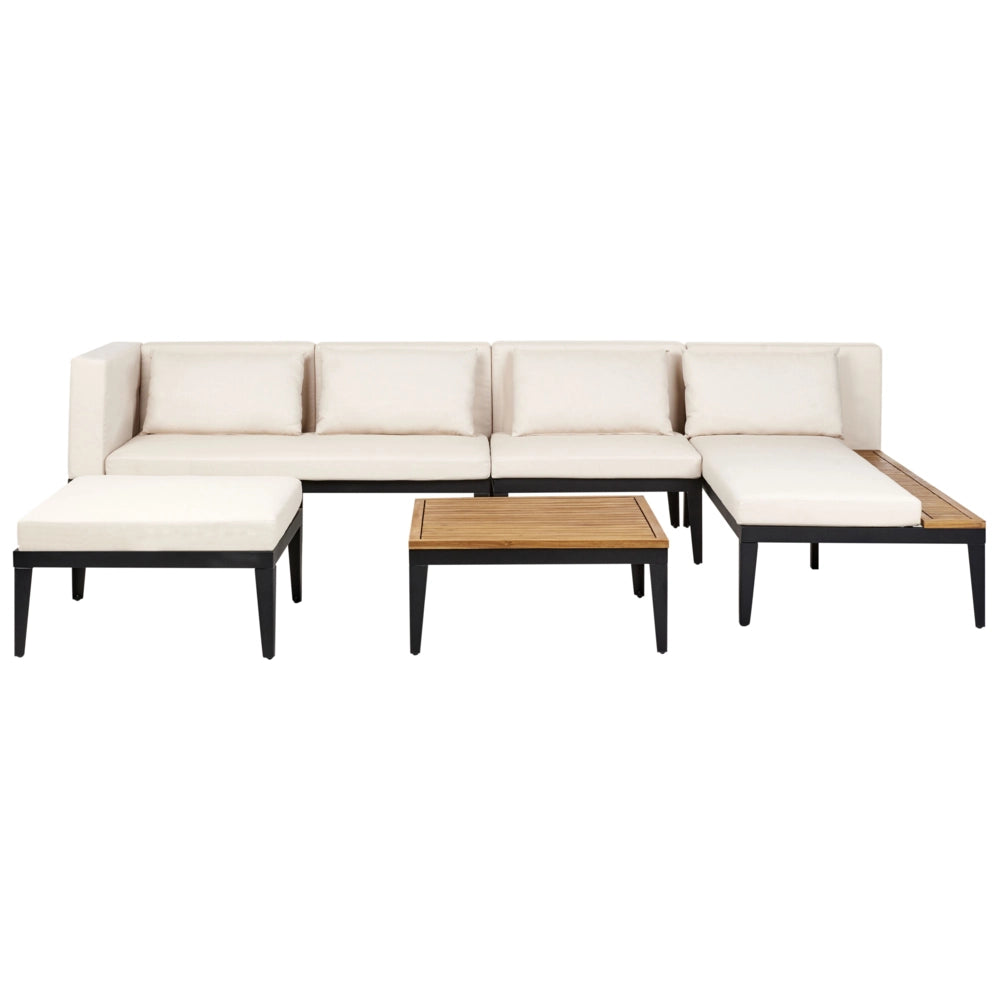 Set da giardino divano angolare 4 posti in legno di acacia certificato con tavolino e pouf cuscini beige chiaro lato sinistra