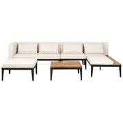 Set da giardino divano angolare 4 posti in legno di acacia certificato con tavolino e pouf cuscini beige chiaro lato sinistra