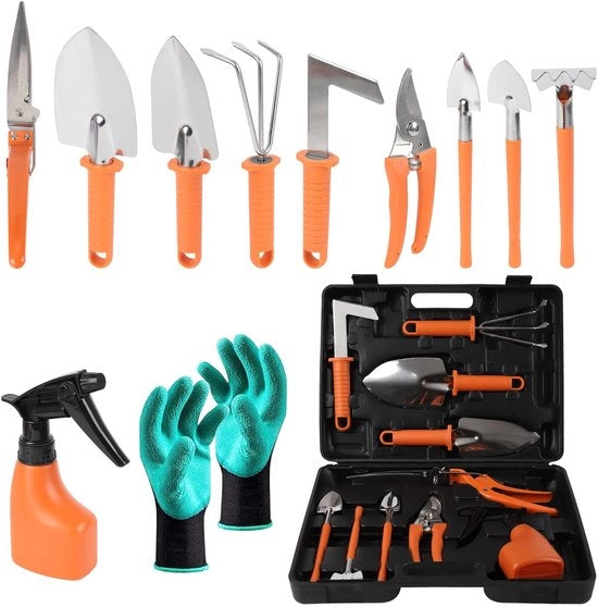 Set di attrezzi da giardinaggio, 11 pezzi, set di attrezzi da giardinaggio con tasca portatile, set di attrezzi da giardinaggio per scavare, piantare e potare, set di attrezzi da giardinaggio unico con guanti per signore e signori (arancione)