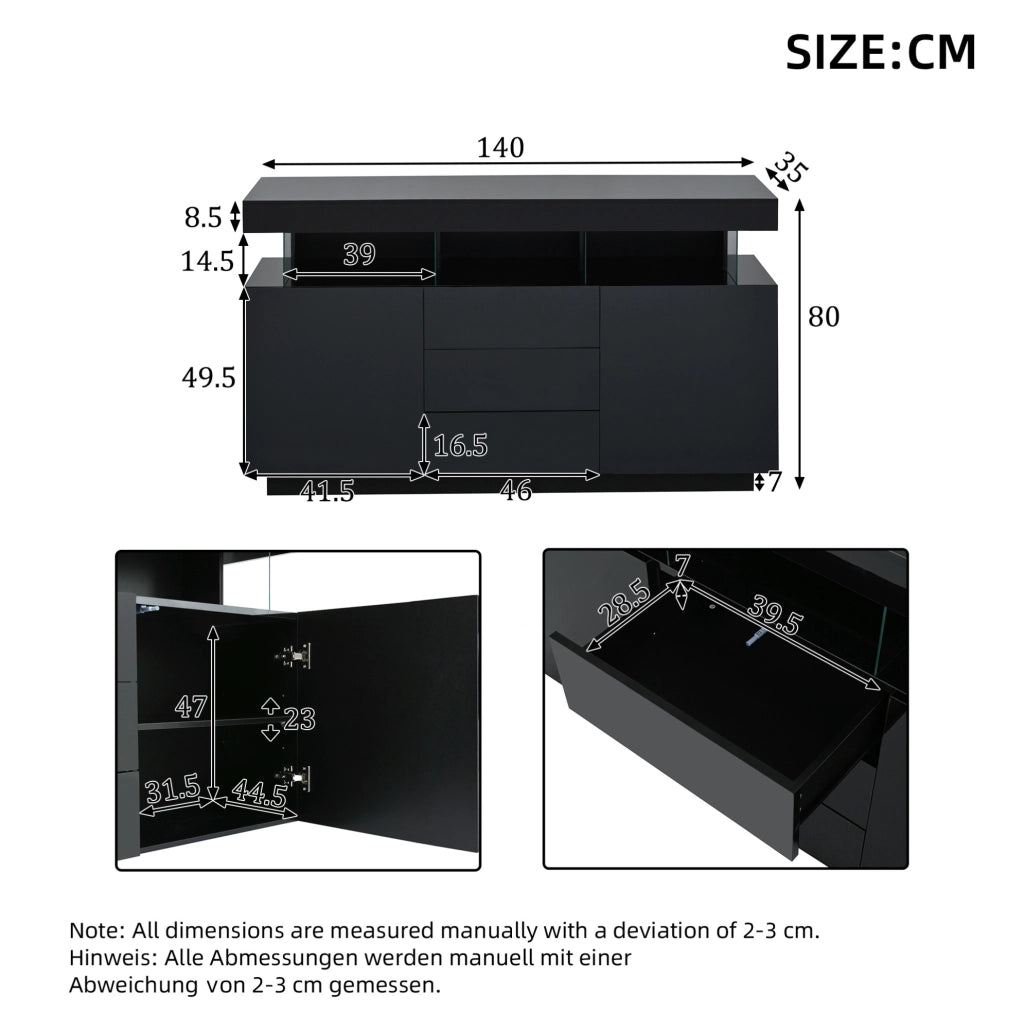 Credenza moderna lucida 140 x 35 x 80 cm con LED; 3 cassetti e 2 ante; nero