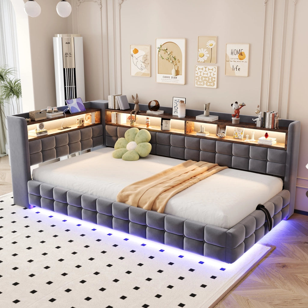 DIVANO LETTO 90x200 cm in velluto grigio con LED, prese USB e vano contenitore