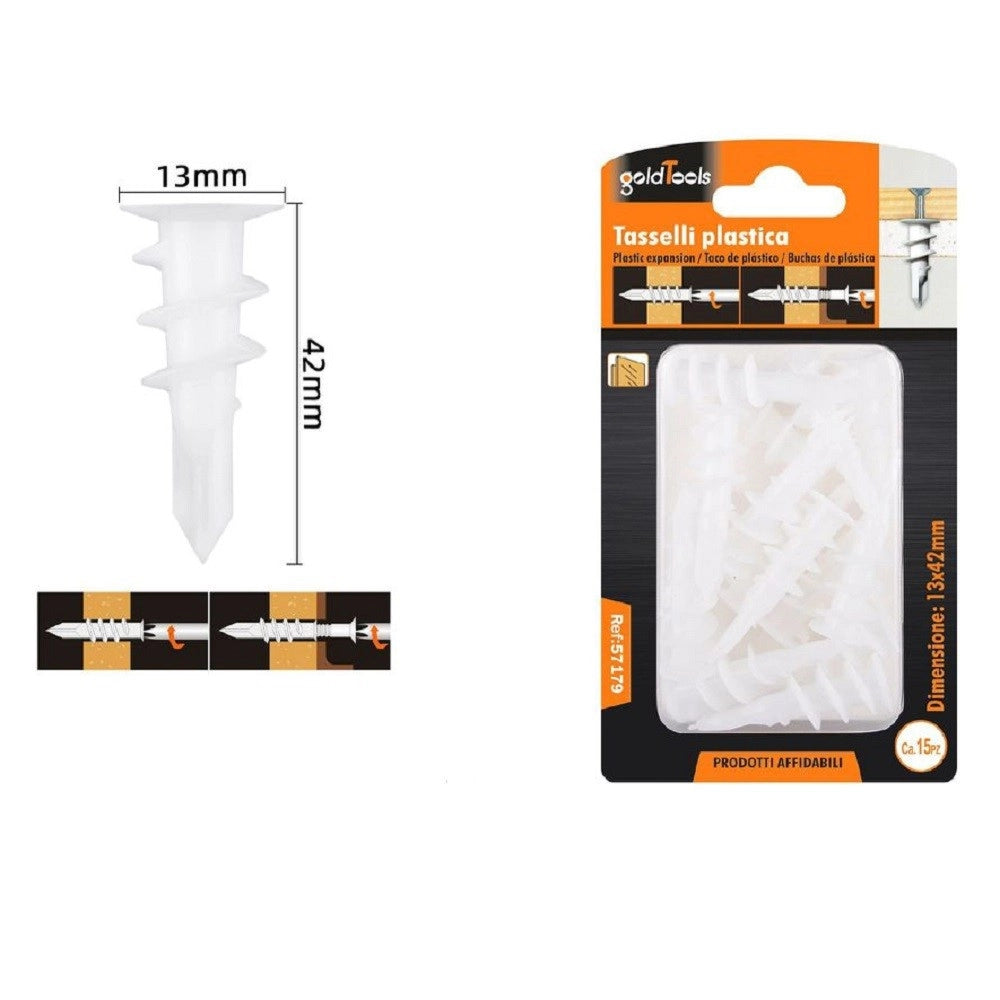 Trade Shop - Set 15 Pezzi Tasselli In Plastica Tassello Fischer Fissaggio Viti 13x42 Mm 57179 -