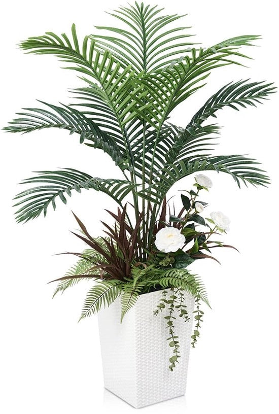 Piante Artificiali Tropicale Grosse 120 cm - Collezione di 5 Tipi di Piante in un Vaso Bianco, Resistenti ai Raggi UV e Realistici - Palma Decorativa per Salotto, Terrazza, Ufficio, Giardino