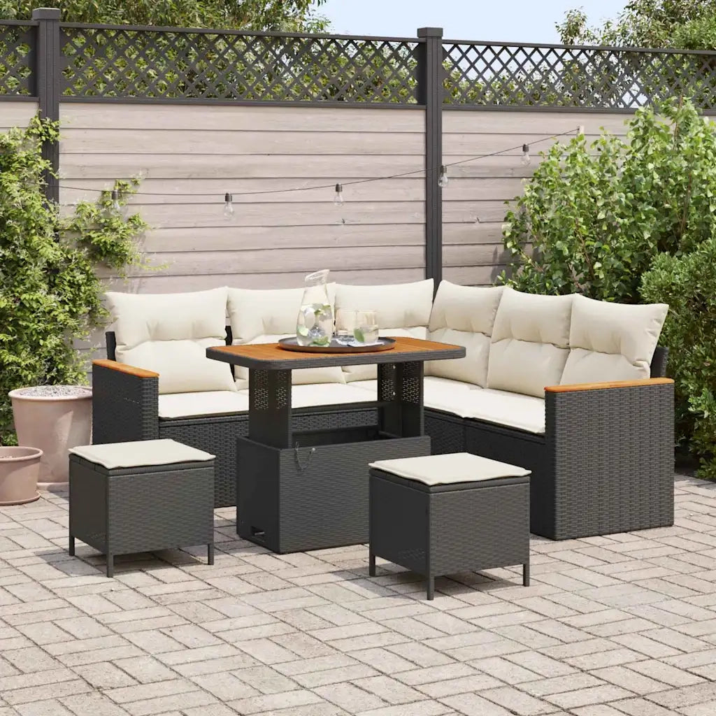 Set Divano da Giardino con cuscino 8 pcs Nero Poly Rattan