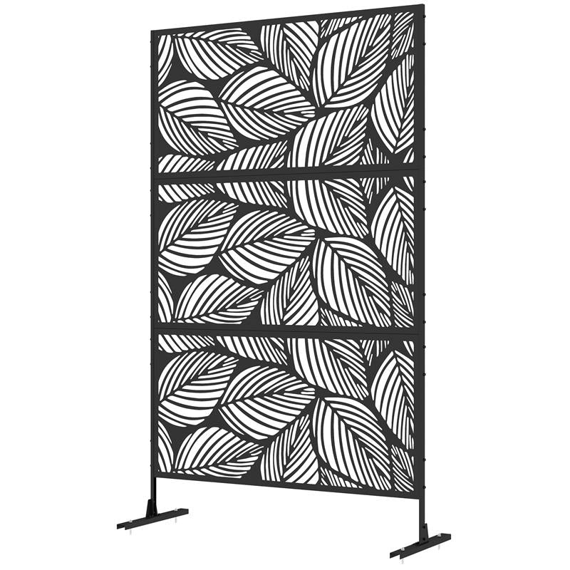 PARAVENTO DA ESTERNO DECORATIVO IN ACCIAIO TRAFORATO CON DESIGN A FOGLIE, 122X198CM, NERO