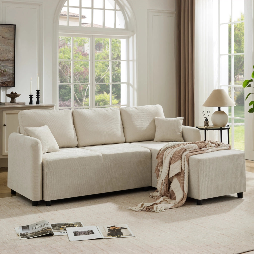 Divano angolare 3 posti con chaise longue integrata e 2 cuscini in chenille beige chiaro
