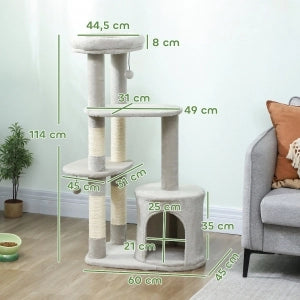 TIRAGRAFFI per gatti 114 cm con piattaforme, sisal e casetta, grigio chiaro