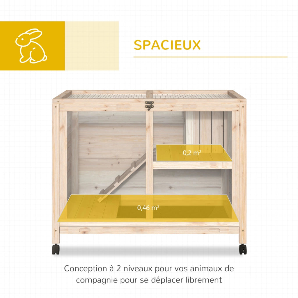 Gabbia per conigli a 2 piani con ruote ¨C Xylo ¨C legno massello naturale 91,5x53,3x73 cm