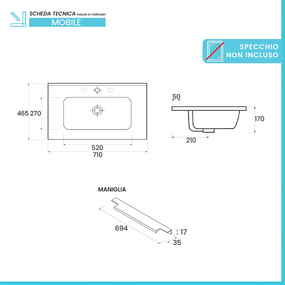 Mobile bagno sospeso 70 cm nero opaco cannettato con cassetto e lavabo Nara