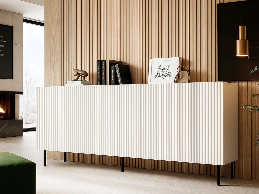 Credenza Corana, Madia da salotto con quattro ante battenti, Rialzato da terra, 200x42 h82 cm, Bianco