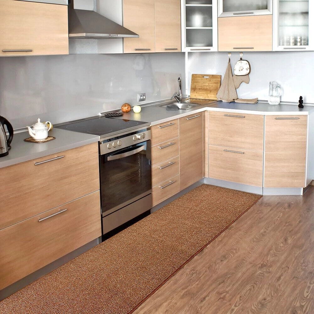 Tappeto Cucina 57x330 cm Tessitura Piatta Antiscivolo Multiuso Corsia Corridoio Made In Italy Marrone