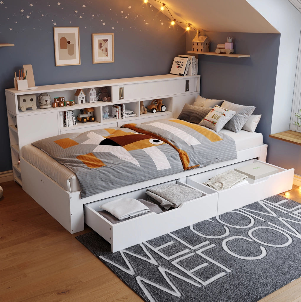 Letto 140x190 cm con cassetti e armadi in MDF bianco