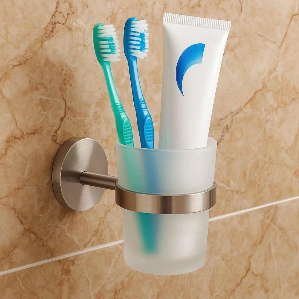 Trade Shop - Porta Spazzolini Da Denti In Acciaio Satinato Con Bicchiere Vetro Satinato Bagno 87906 -