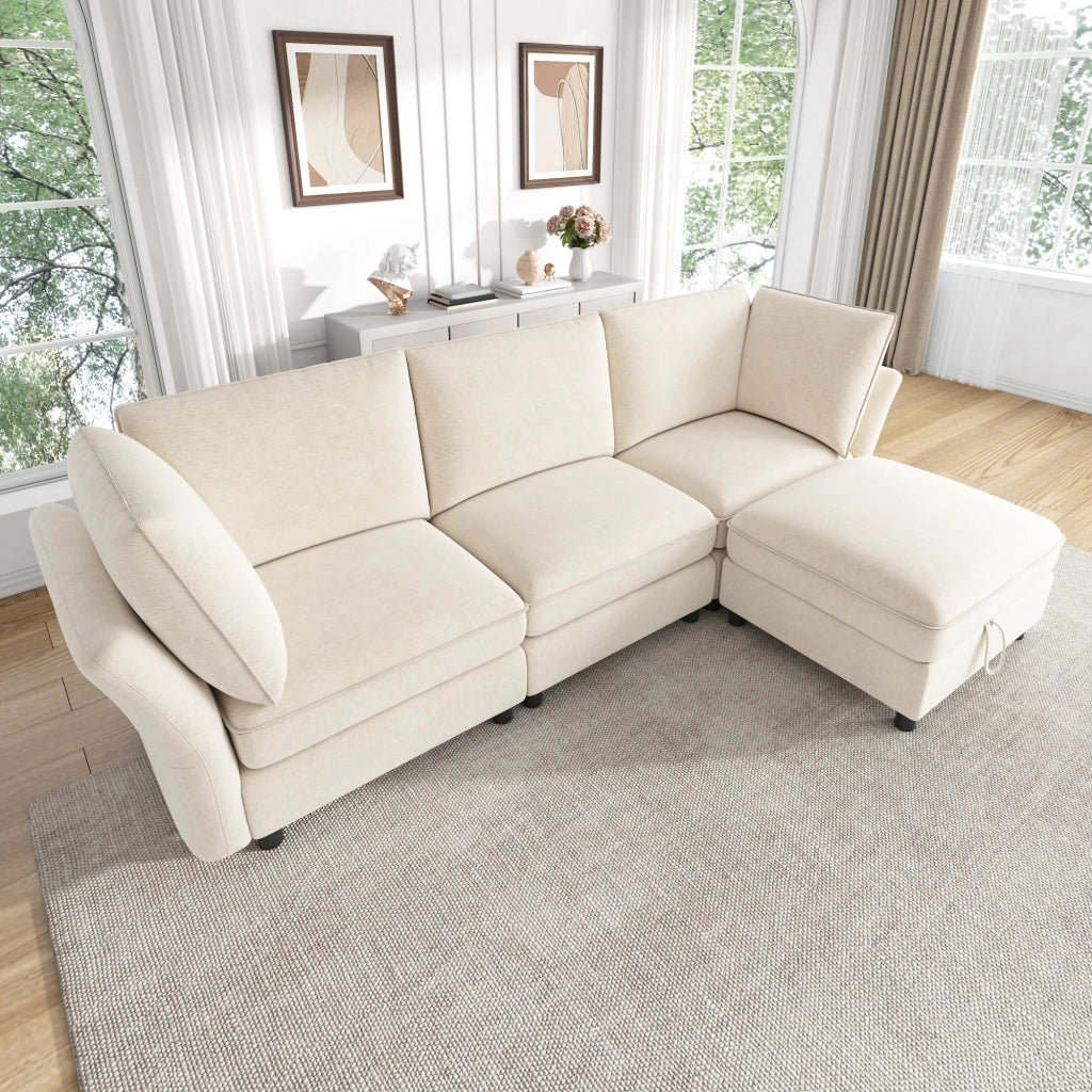 Divano modulare angolare 4 posti - con pouf contenitore e 2 cuscini - in chenille beige