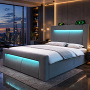 Letto singolo 90x200 cm con contenitore; LED; prese USB e Type-C; velluto grigio
