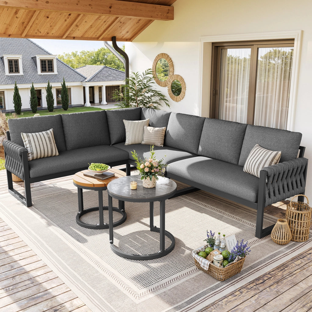 Set lounge da giardino per 5-6 persone modulare con 2 divani, 2 tavolini, olefin, grigio, cuscini sfoderabili
